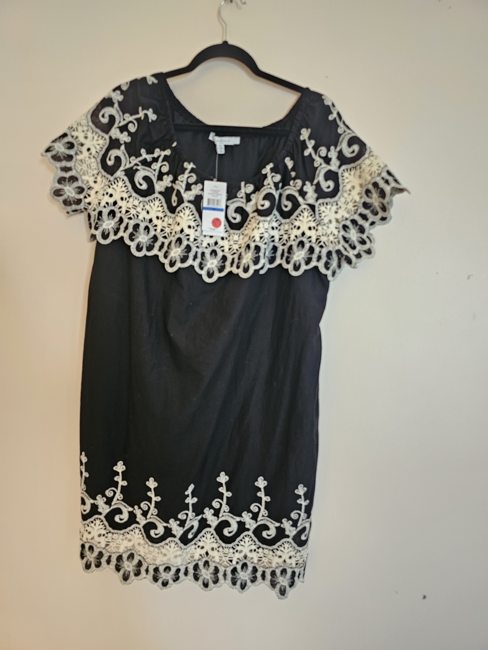 Fever XL BOHO Crochet Off Shoulder Black Mini Dress with Ivory Embroidery